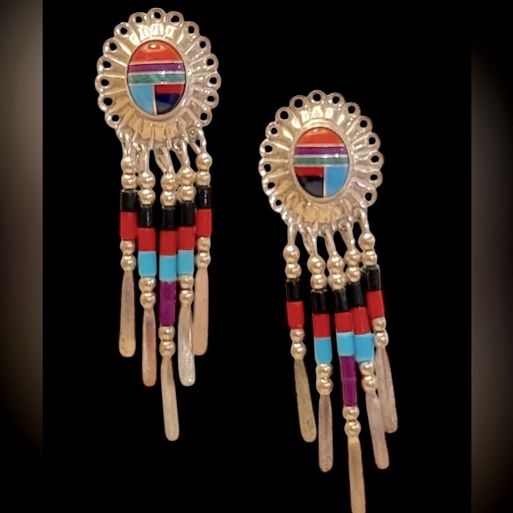 Vintage Signed Zuni Inlay Multi-Gemstone Turquoise Sterling Silver Earrings